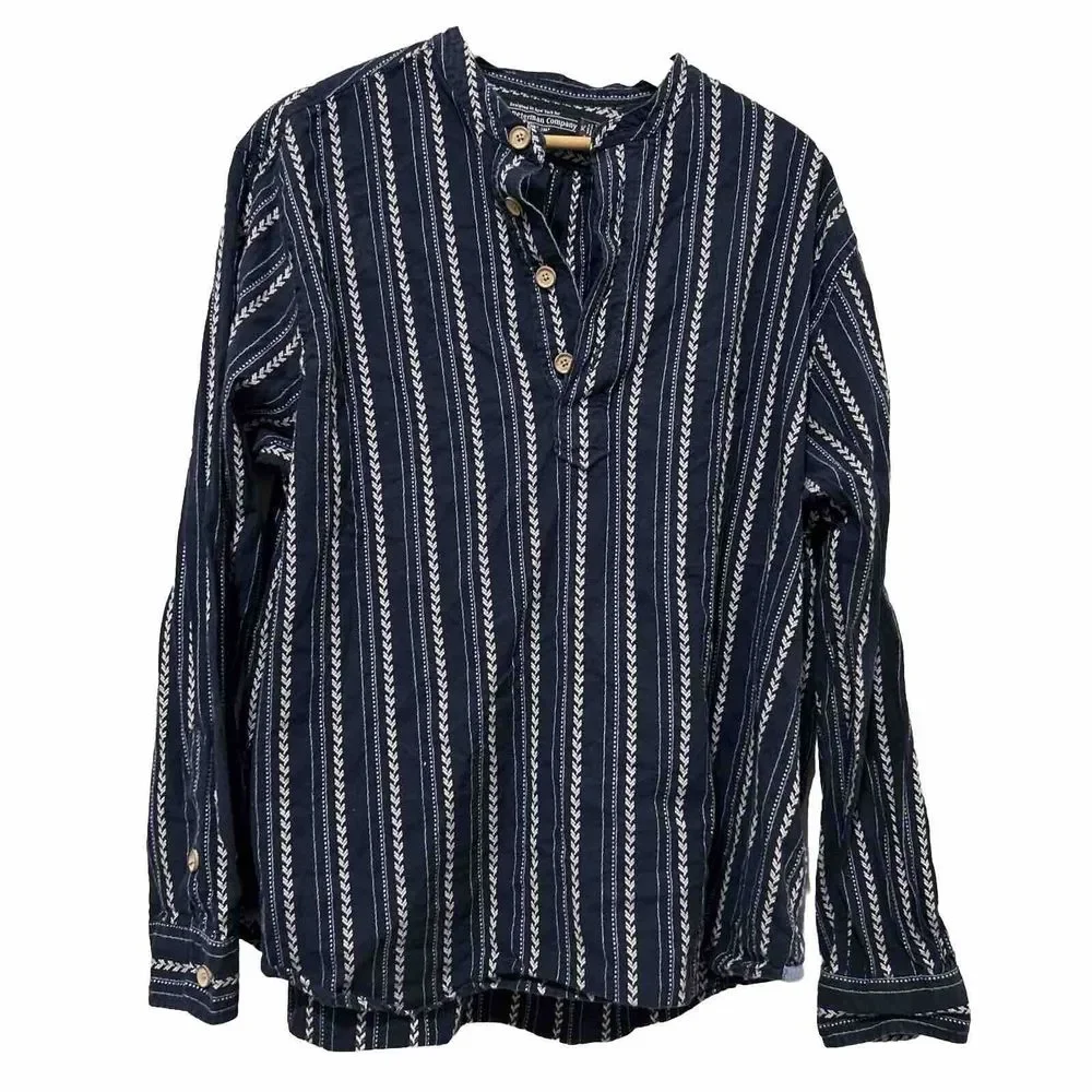 J. Peterman Shirt Blue Textured Geometric Relaxed Henley Long Sleeve Men's XL - Picture 1 of 11